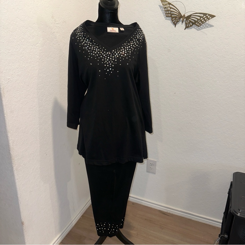 Quacker Factory Black V-Neck and Pants with Rhinestone Accents